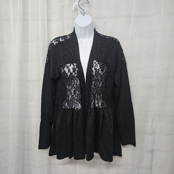 Black Lace Knit Cardigan Twee Coquette Whimsigoth Ribbed Sheer Y2K L - Picture 1 of 12